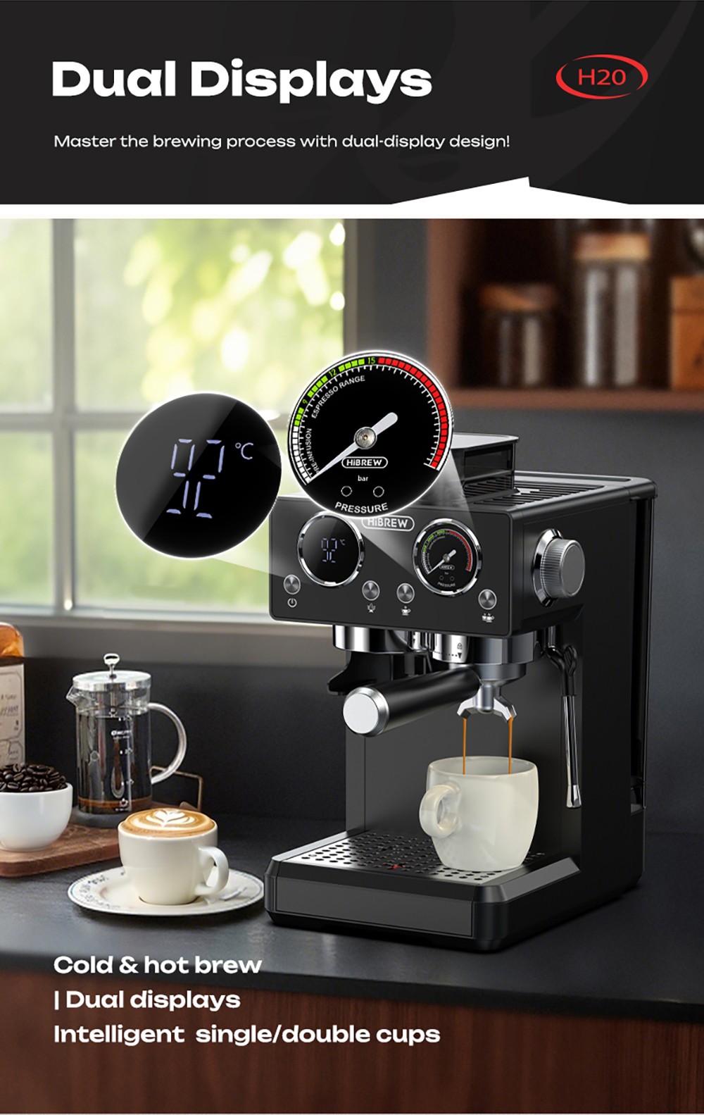 HiBREW H20 All-in-One Coffee Machine with Built-in Grinder, Dual Hot & Cold Extraction, 20-Bar Pressure, 20-Level Grind Adjustment, Steam Wand for Latte, 1.4L Water Tank, Smart Touch Control