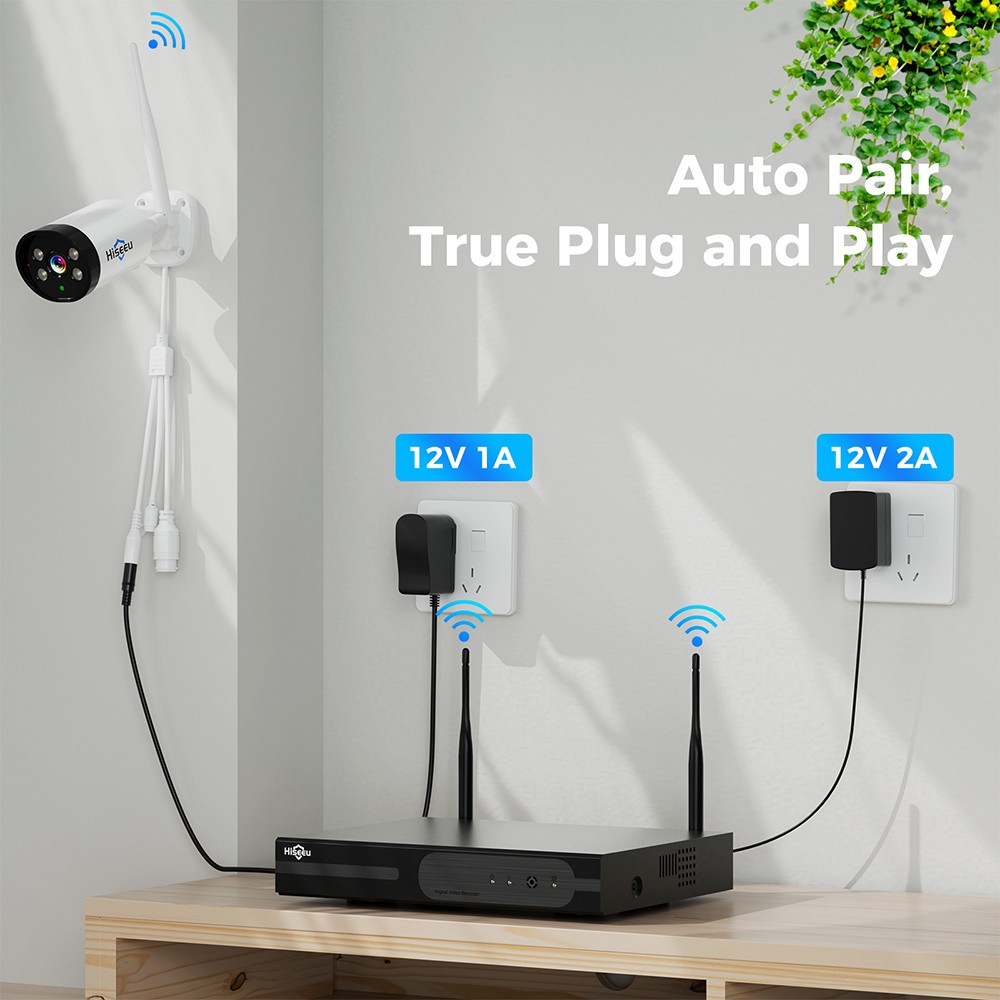 Refurbished Hiseeu 10CH NVR 3MP WiFi Security System Kit, with 4 Cameras, Human Detection, IR Night Vision, 2-way Audio, IP66 Waterproof, Works with Alexa, No HDD