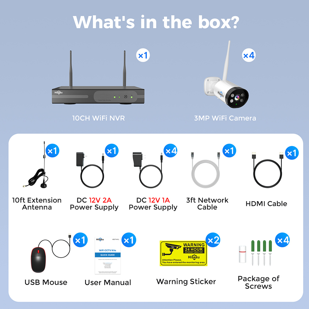 Refurbished Hiseeu 10CH NVR 3MP WiFi Security System Kit, with 4 Cameras, Human Detection, IR Night Vision, 2-way Audio, IP66 Waterproof, Works with Alexa, No HDD