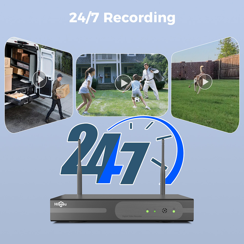 Refurbished Hiseeu 10CH NVR 3MP WiFi Security System Kit, with 4 Cameras, Human Detection, IR Night Vision, 2-way Audio, IP66 Waterproof, Works with Alexa, No HDD
