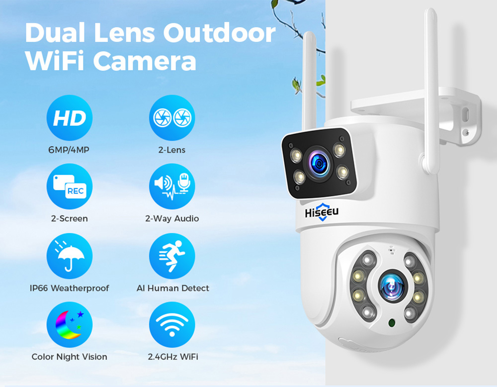 Refurbished Hiseeu 4K 6MP Outdoor WiFi Camera, Dual Lens, Double Screen, 2-way Audio, Color Night Vision, Auto Tracking, AI Human Detection, IP66 Weatherproof, 2.4GHz WiFi