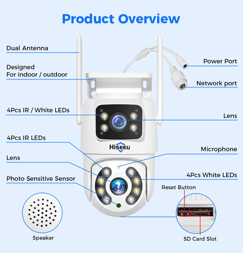 Refurbished Hiseeu 4K 6MP Outdoor WiFi Camera, Dual Lens, Double Screen, 2-way Audio, Color Night Vision, Auto Tracking, AI Human Detection, IP66 Weatherproof, 2.4GHz WiFi