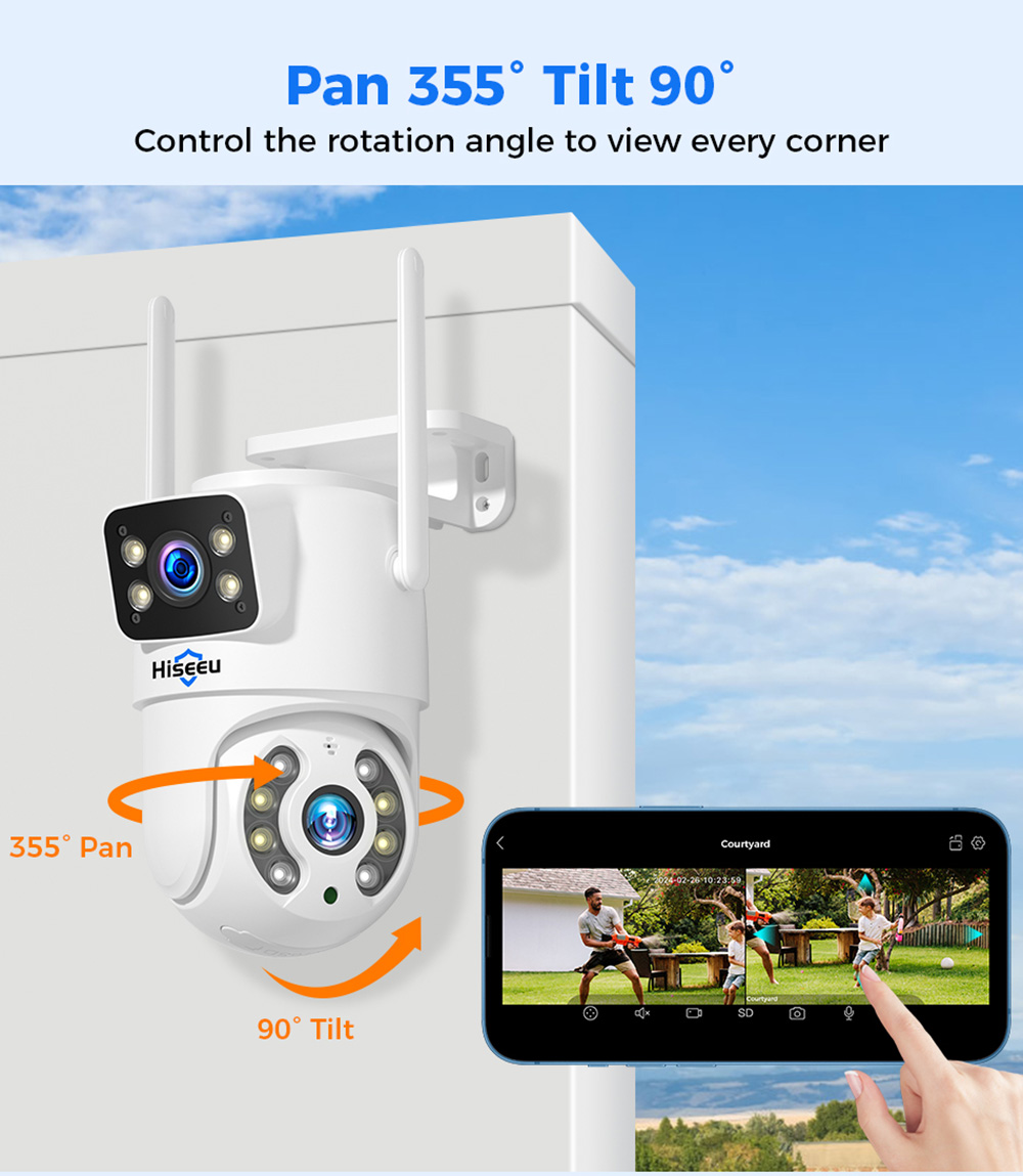 Refurbished Hiseeu 4K 6MP Outdoor WiFi Camera, Dual Lens, Double Screen, 2-way Audio, Color Night Vision, Auto Tracking, AI Human Detection, IP66 Weatherproof, 2.4GHz WiFi