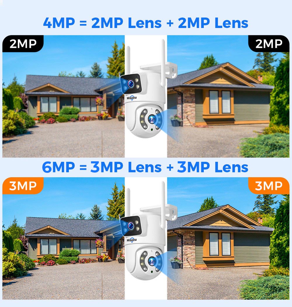 Refurbished Hiseeu 4K 6MP Outdoor WiFi Camera, Dual Lens, Double Screen, 2-way Audio, Color Night Vision, Auto Tracking, AI Human Detection, IP66 Weatherproof, 2.4GHz WiFi