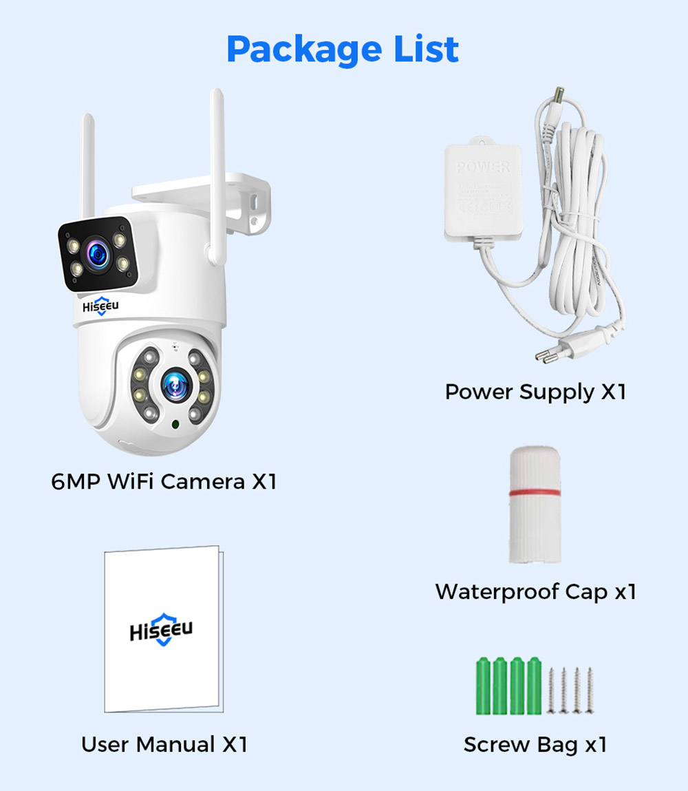 Refurbished Hiseeu 4K 6MP Outdoor WiFi Camera, Dual Lens, Double Screen, 2-way Audio, Color Night Vision, Auto Tracking, AI Human Detection, IP66 Weatherproof, 2.4GHz WiFi