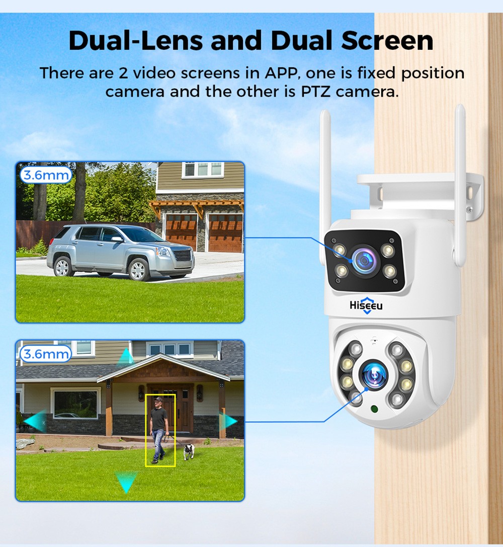 Refurbished Hiseeu 4K 6MP Outdoor WiFi Camera, Dual Lens, Double Screen, 2-way Audio, Color Night Vision, Auto Tracking, AI Human Detection, IP66 Weatherproof, 2.4GHz WiFi