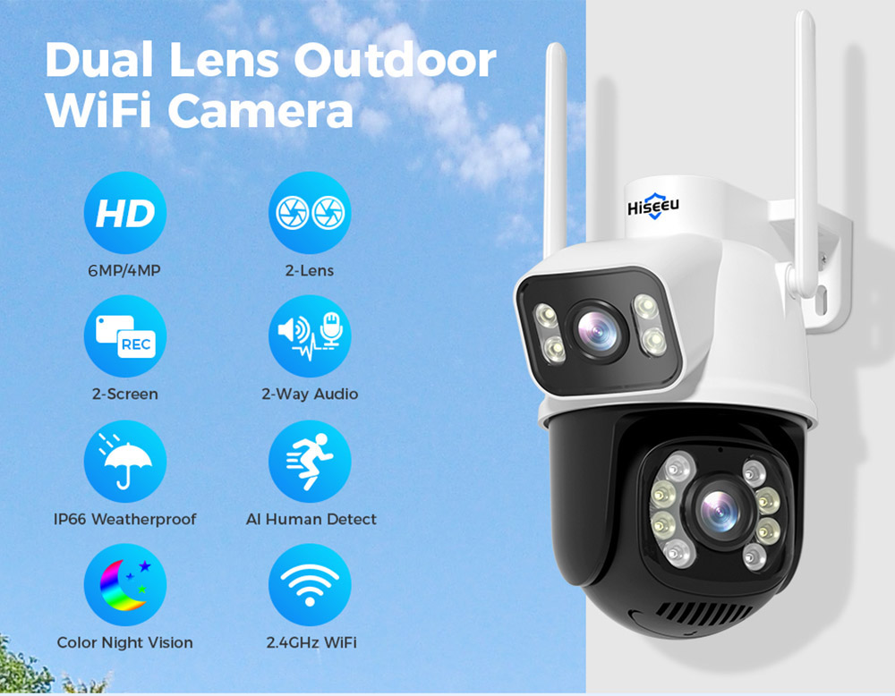 Hiseeu WS318B 6MP Outdoor WiFi Camera, Dual Lens, Double Screen, 2-way Audio, Color Night Vision, Auto Tracking, AI Human Detection, IP66 Weatherproof, 2.4GHz WiFi - Black