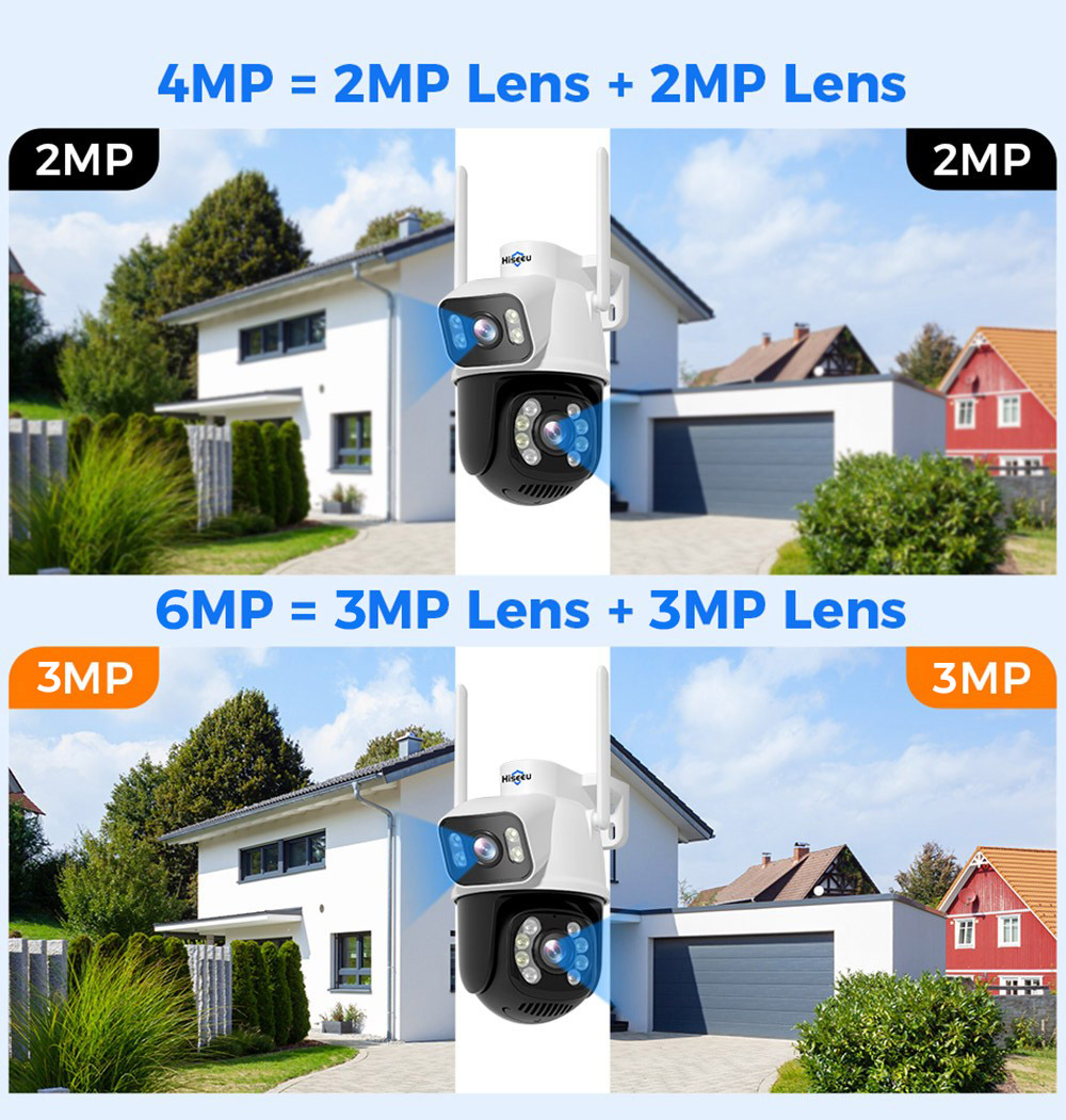 Hiseeu WS318B 6MP Outdoor WiFi Camera, Dual Lens, Double Screen, 2-way Audio, Color Night Vision, Auto Tracking, AI Human Detection, IP66 Weatherproof, 2.4GHz WiFi - Black