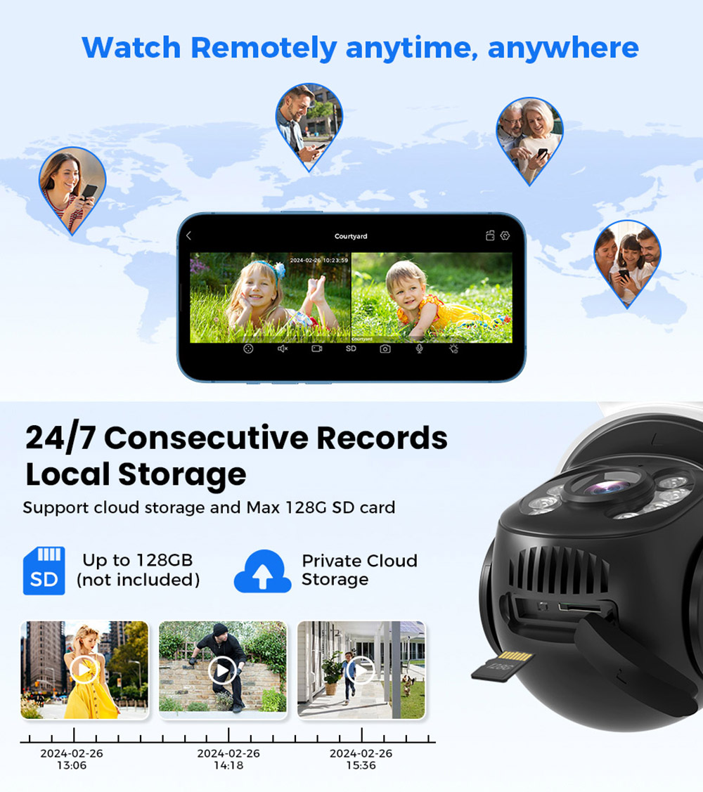 Hiseeu WS318B 6MP Outdoor WiFi Camera, Dual Lens, Double Screen, 2-way Audio, Color Night Vision, Auto Tracking, AI Human Detection, IP66 Weatherproof, 2.4GHz WiFi - Black