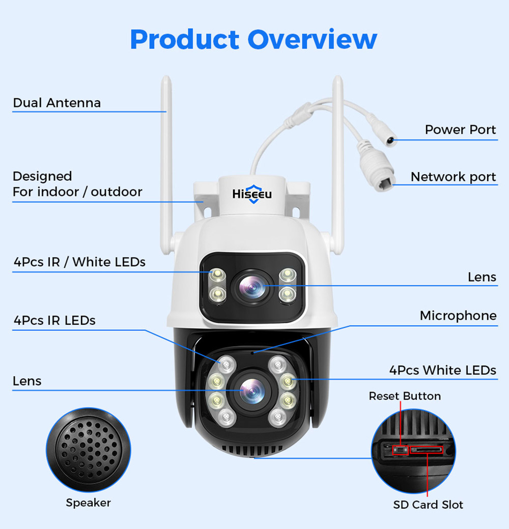 Hiseeu WS318B 6MP Outdoor WiFi Camera, Dual Lens, Double Screen, 2-way Audio, Color Night Vision, Auto Tracking, AI Human Detection, IP66 Weatherproof, 2.4GHz WiFi - Black