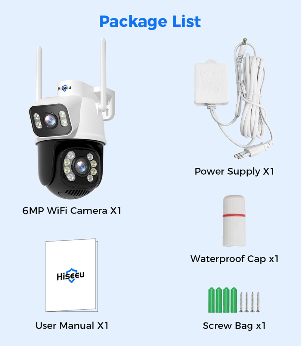 Hiseeu WS318B 6MP Outdoor WiFi Camera, Dual Lens, Double Screen, 2-way Audio, Color Night Vision, Auto Tracking, AI Human Detection, IP66 Weatherproof, 2.4GHz WiFi - Black