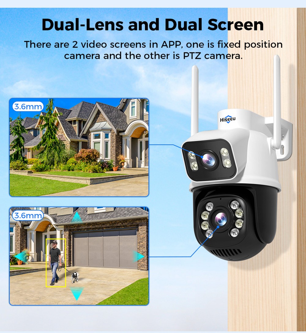 Hiseeu WS318B 6MP Outdoor WiFi Camera, Dual Lens, Double Screen, 2-way Audio, Color Night Vision, Auto Tracking, AI Human Detection, IP66 Weatherproof, 2.4GHz WiFi - Black