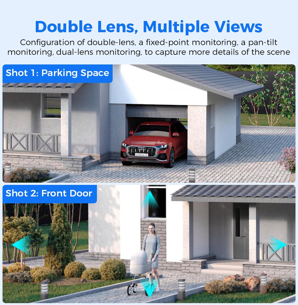Hiseeu WS318B 6MP Outdoor WiFi Camera, Dual Lens, Double Screen, 2-way Audio, Color Night Vision, Auto Tracking, AI Human Detection, IP66 Weatherproof, 2.4GHz WiFi - Black