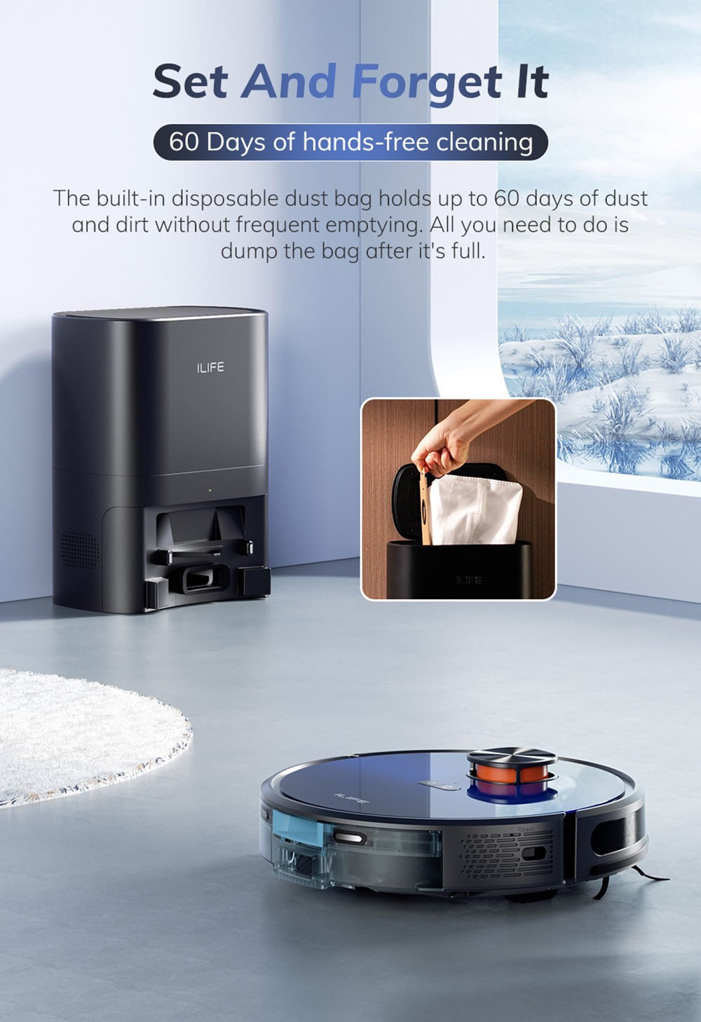 ILIFE T10s Robot Vacuum Cleaner, 2 in 1 Vacuum and Mop, Self-Emptying Station, 3000Pa Suction, 2.5L Dust Bag