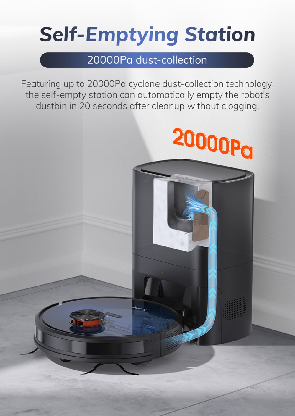 ILIFE T10s Robot Vacuum Cleaner, 2 in 1 Vacuum and Mop, Self-Emptying Station, 3000Pa Suction, 2.5L Dust Bag