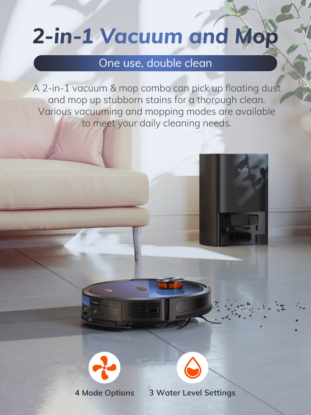 ILIFE T10s Robot Vacuum Cleaner, 2 in 1 Vacuum and Mop, Self-Emptying Station, 3000Pa Suction, 2.5L Dust Bag