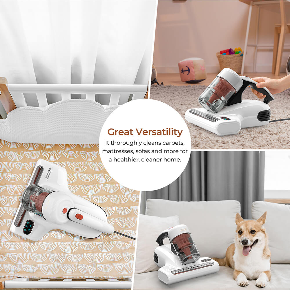 Refurbished JIGOO J200 Dust Mite Vacuum Cleaner, Mattress Vacuum, with Integrated Dual Cups, 13KPa Suction, UV Lamp, 60℃ Hot Air, LED Display