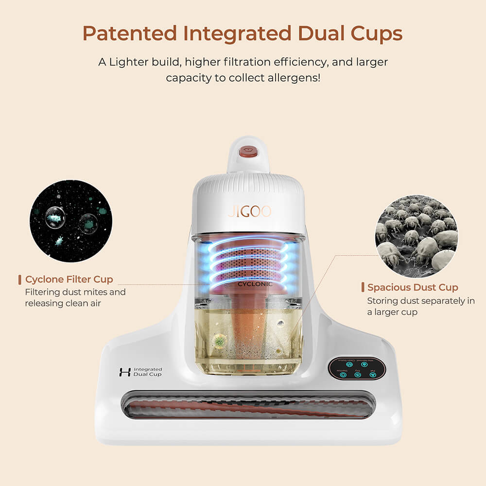 Refurbished JIGOO J200 Dust Mite Vacuum Cleaner, Mattress Vacuum, with Integrated Dual Cups, 13KPa Suction, UV Lamp, 60℃ Hot Air, LED Display