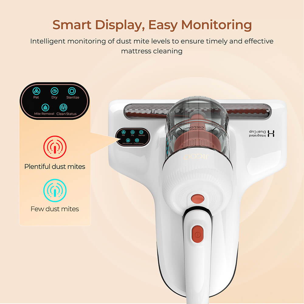 Refurbished JIGOO J200 Dust Mite Vacuum Cleaner, Mattress Vacuum, with Integrated Dual Cups, 13KPa Suction, UV Lamp, 60℃ Hot Air, LED Display