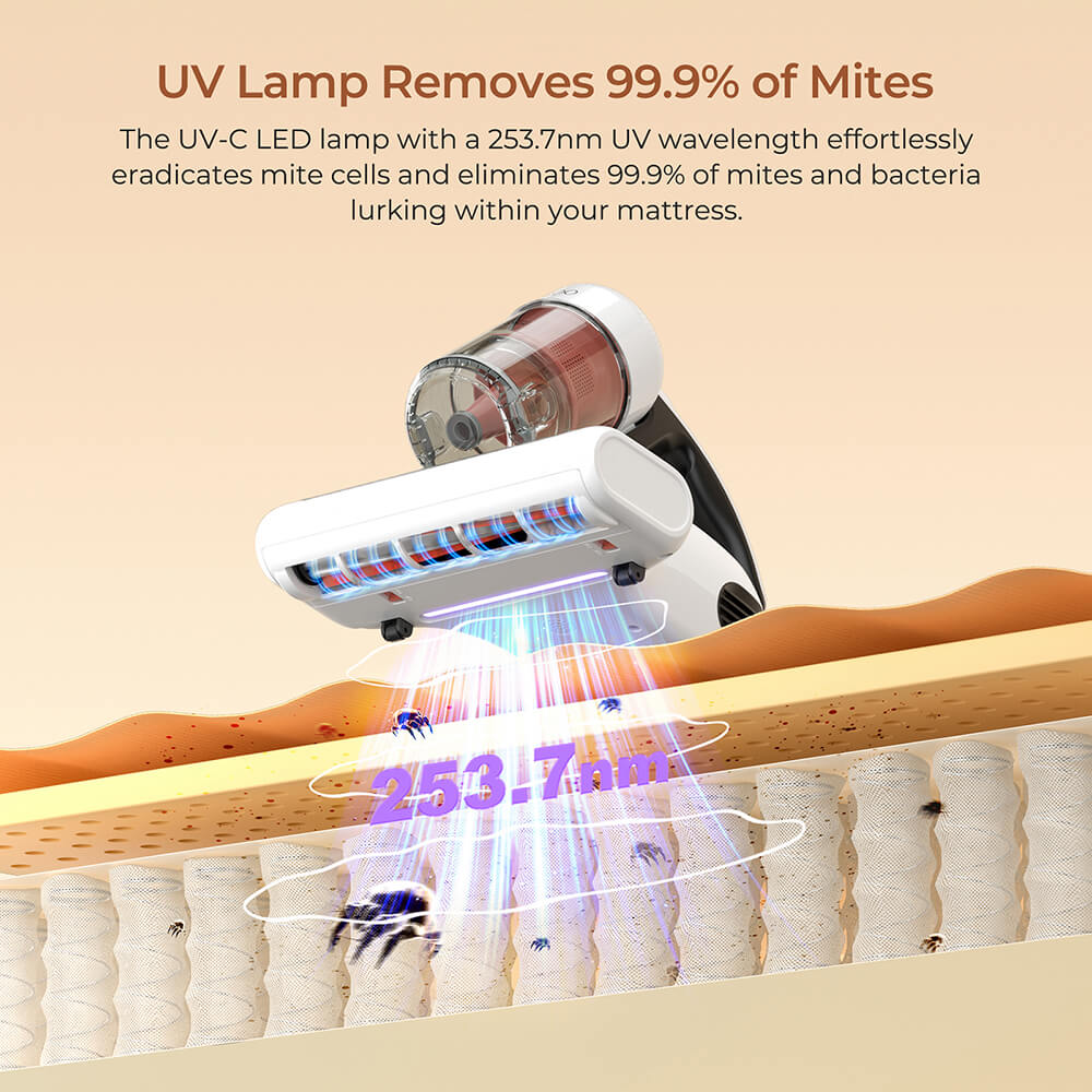 Refurbished JIGOO J200 Dust Mite Vacuum Cleaner, Mattress Vacuum, with Integrated Dual Cups, 13KPa Suction, UV Lamp, 60℃ Hot Air, LED Display