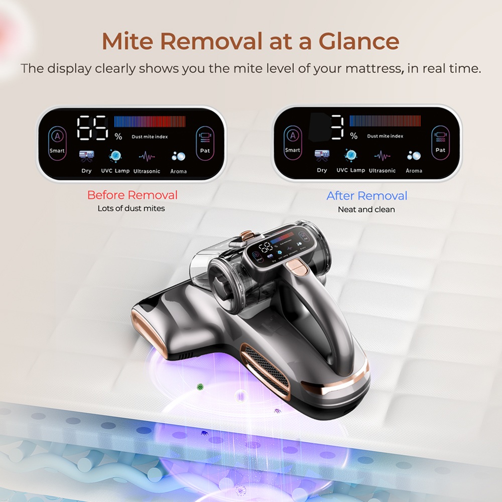 JIGOO T600 Bed Mattress Vacuum Cleaner Grey-US-Dual Cup Design-99.99% Dust Mite Removal with Aroma-Diffused System