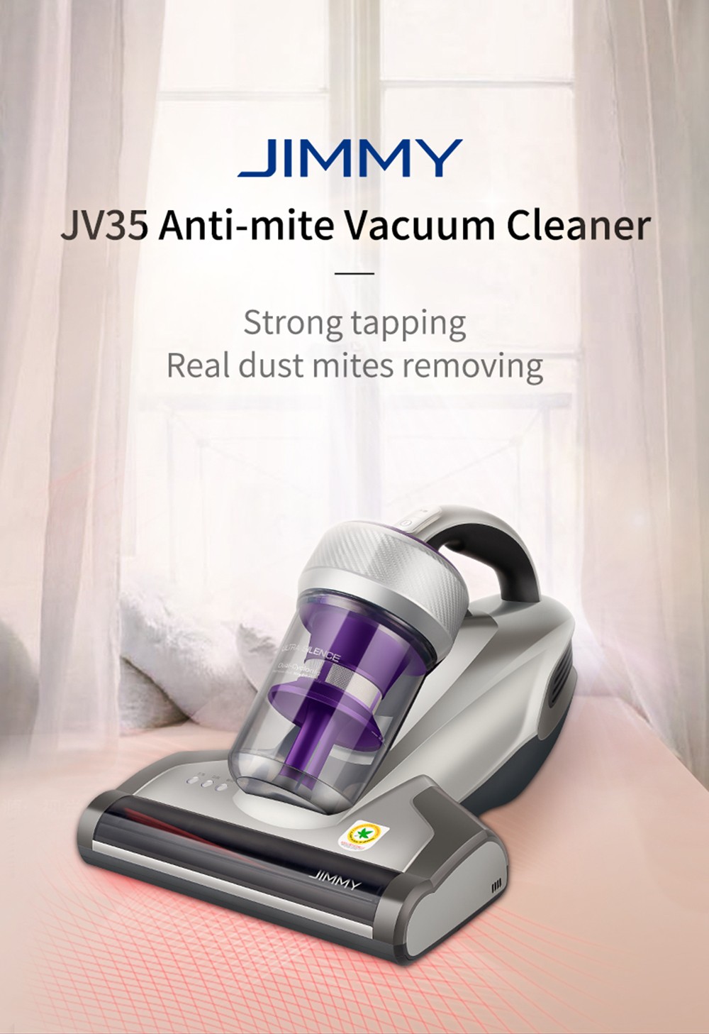JIMMY JV35 Anti-mite Vacuum Cleaner Kill 99.9% Mites 99.99% Bacteria, 14KPa Suction, UV+Tap+Vacuum, Antistatic Brush