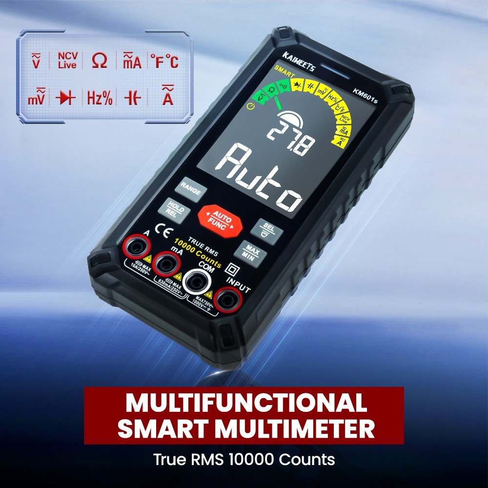 Refurbished KAIWEETS KM601S Digital Multimeter 10000 Counts True-RMS Meter Smart Mode Manual Mode Flashlight - Black