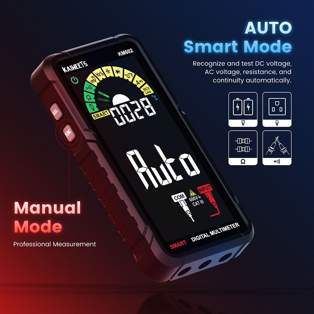 KAIWEETS KM602 Smart Digital Multimeter, 6000 Counts True-RMS Meter, 1200mAh Rechargeable Battery - Black