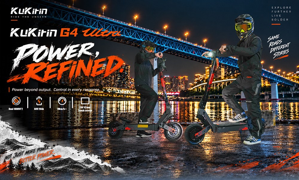 KuKirin G4 Ultra Electric Scooter, Dual 1000W Motors, 60V 20Ah 1200Wh Battery, 70km/h Max Speed, 80km Range, 11-Inch Tubeless Tires, Front & Rear Suspension, 160mm Disc Brakes, 5A Fast Charging