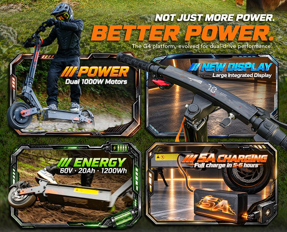 KuKirin G4 Ultra Electric Scooter, Dual 1000W Motors, 60V 20Ah 1200Wh Battery, 70km/h Max Speed, 80km Range, 11-Inch Tubeless Tires, Front & Rear Suspension, 160mm Disc Brakes, 5A Fast Charging