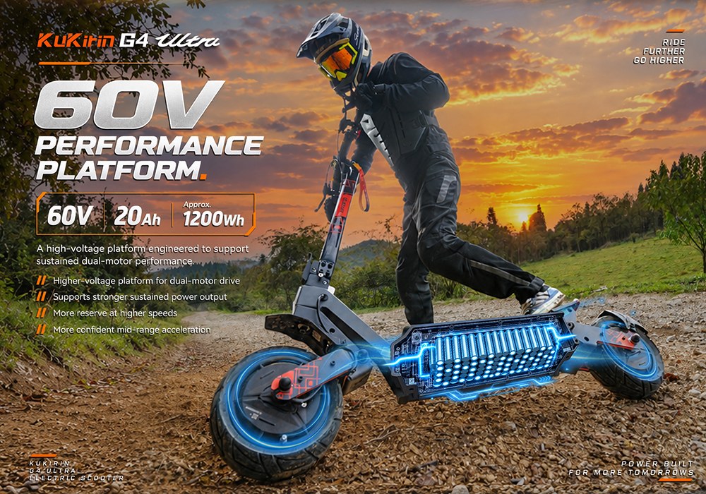 KuKirin G4 Ultra Electric Scooter, Dual 1000W Motors, 60V 20Ah 1200Wh Battery, 70km/h Max Speed, 80km Range, 11-Inch Tubeless Tires, Front & Rear Suspension, 160mm Disc Brakes, 5A Fast Charging