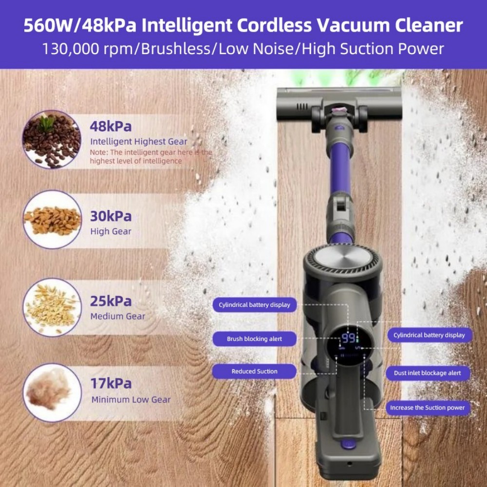 MOOSOO YG-618-B Cordless Vacuum Cleaner, Flexible 180° Rotation, Rechargeable Hanger, 48kPa High Suction, Anti-Tangle Brush, LED Display, for Hard Floors, Pet Hair And Carpet, Purple