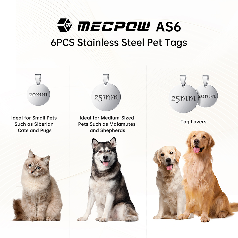 6PCS Mecpow AS6 20mm Round Pet Tags - Silver