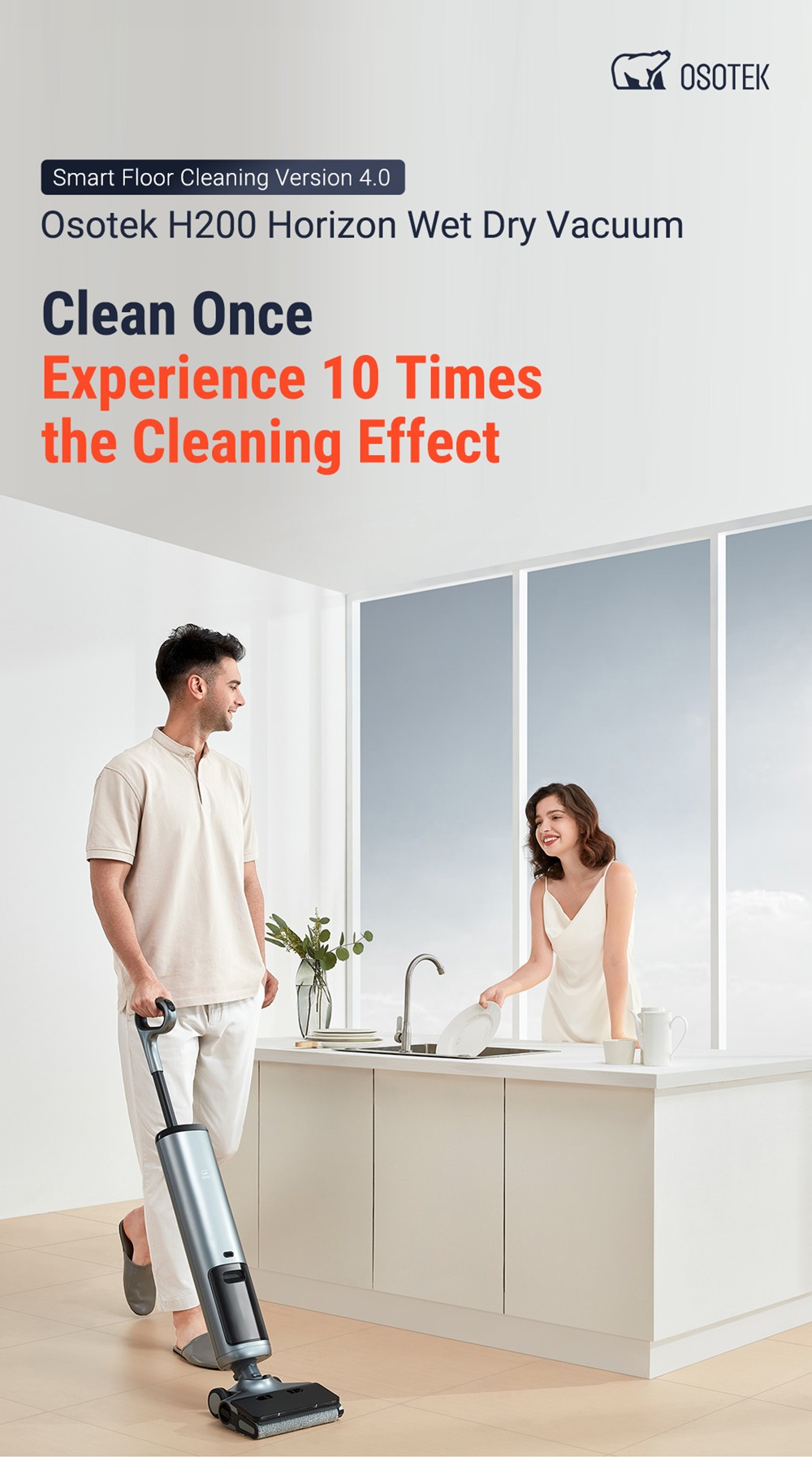 OSOTEK H200 Horizon Wet Dry Vacuum Cleaner, Auto Self-Cleaning, 4000mAh Capacity, 750ml Clean Water Tank, 35min Runtime