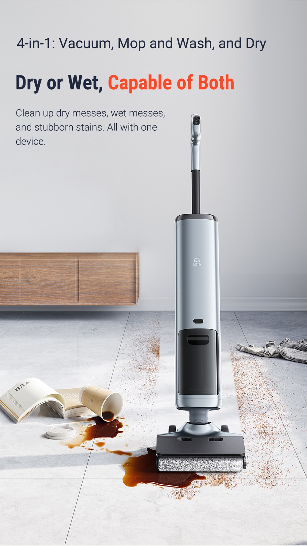 OSOTEK H200 Horizon Wet Dry Vacuum Cleaner, Auto Self-Cleaning, 4000mAh Capacity, 750ml Clean Water Tank, 35min Runtime