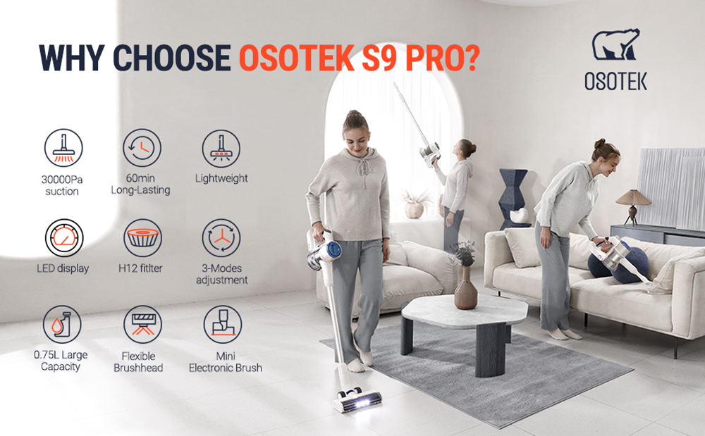 OSOTEK S9 Pro Cordless Handheld Vacuum Cleaner, 30Kpa Suction, 3-gear Speed, 320W High Power, 0.75L Dust Cup