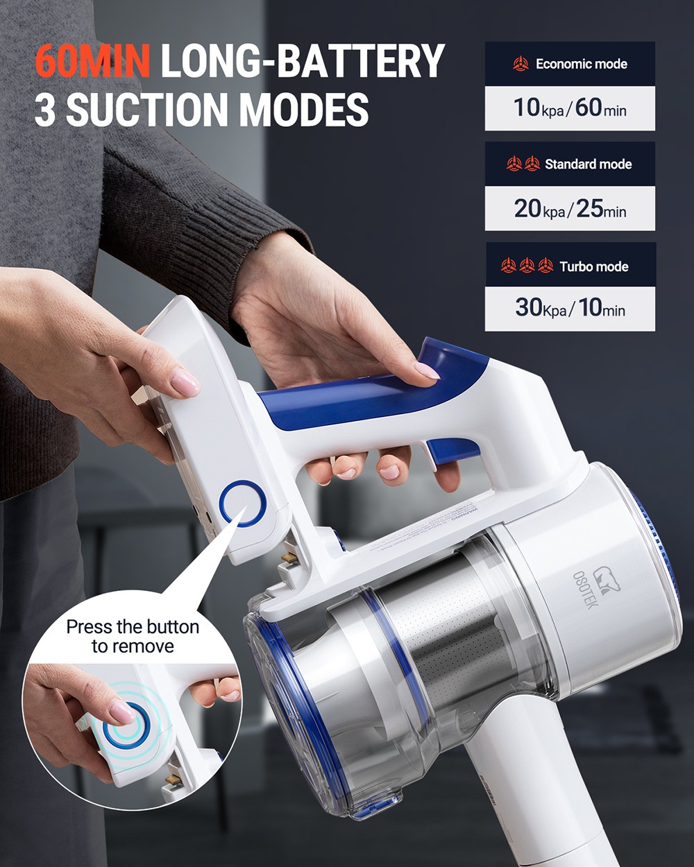OSOTEK S9 Pro Cordless Handheld Vacuum Cleaner, 30Kpa Suction, 3-gear Speed, 320W High Power, 0.75L Dust Cup
