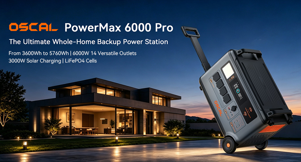 Oscal PowerMax 6000 Pro hordozható erőmű, 3600 Wh-s LiFePO4 akkumulátor, 57600 Wh bővíthető, 6000 W tiszta szinusz kimenet, 9000 W túlfeszültség, 14 kimenet, 3000 W napelemes bemenet, 3500+ ciklus, UPS, alkalmazásvezérlés