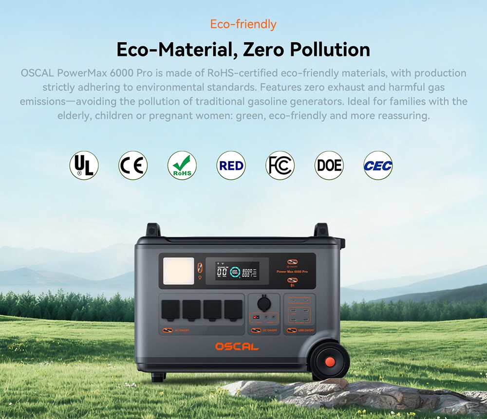 Oscal PowerMax 6000 Pro hordozható erőmű, 3600 Wh-s LiFePO4 akkumulátor, 57600 Wh bővíthető, 6000 W tiszta szinusz kimenet, 9000 W túlfeszültség, 14 kimenet, 3000 W napelemes bemenet, 3500+ ciklus, UPS, alkalmazásvezérlés