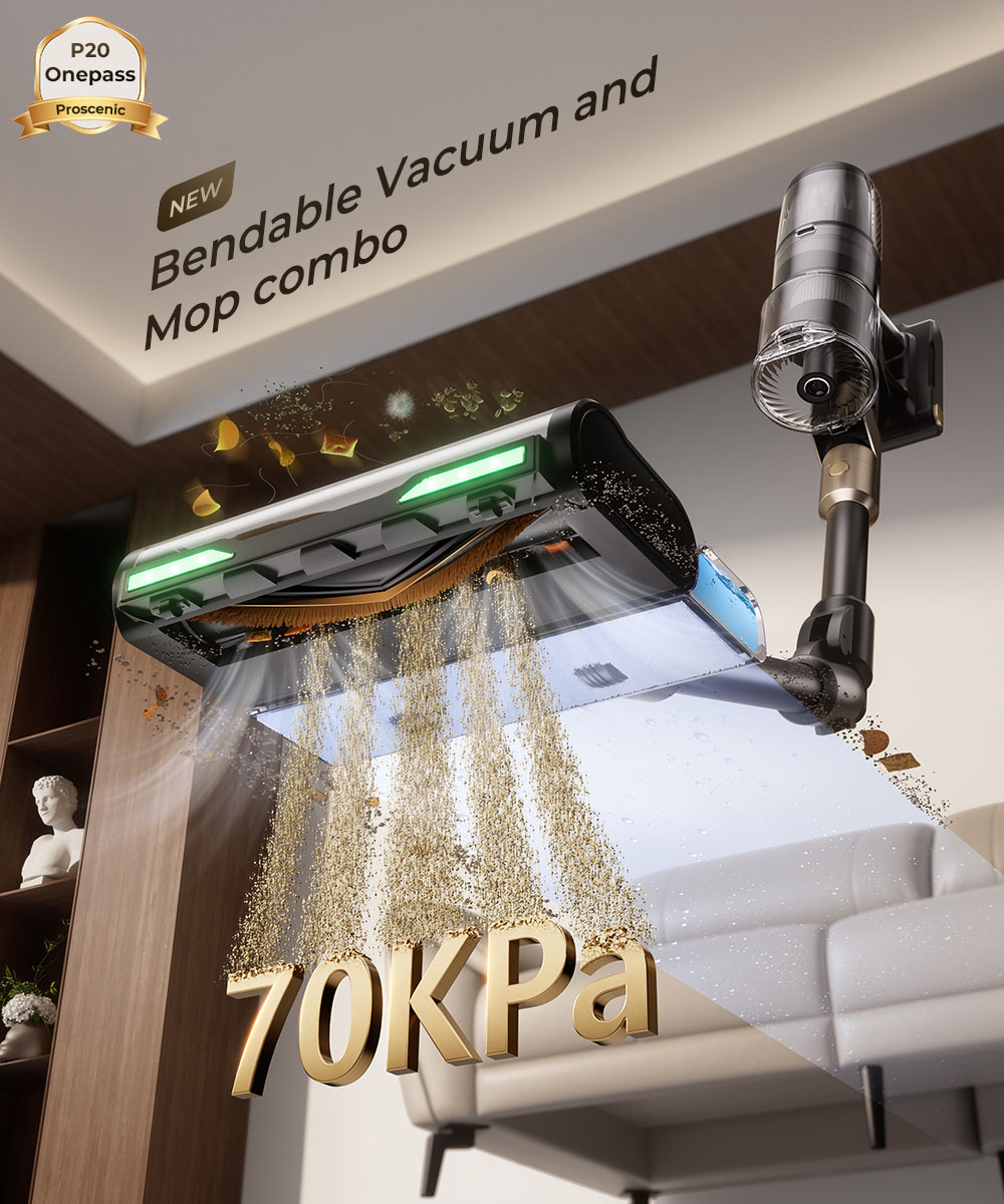 Refurbished Proscenic P20 OnePass Cordless Vacuum Cleaner, 70000Pa Suction, 70-Min Runtime, 680W Brushless Motor, 180° Bendable Tube, Wet & Dry Cleaning with Extra Water Tank