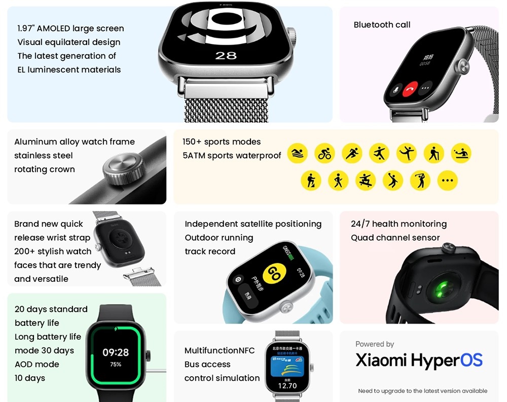 Refurbished Redmi Watch 4, 1.97'' AMOLED Screen, Bluetooth Calling, Health Monitoring, 150+ Sport Modes, NFC, Chinese Version - Black
