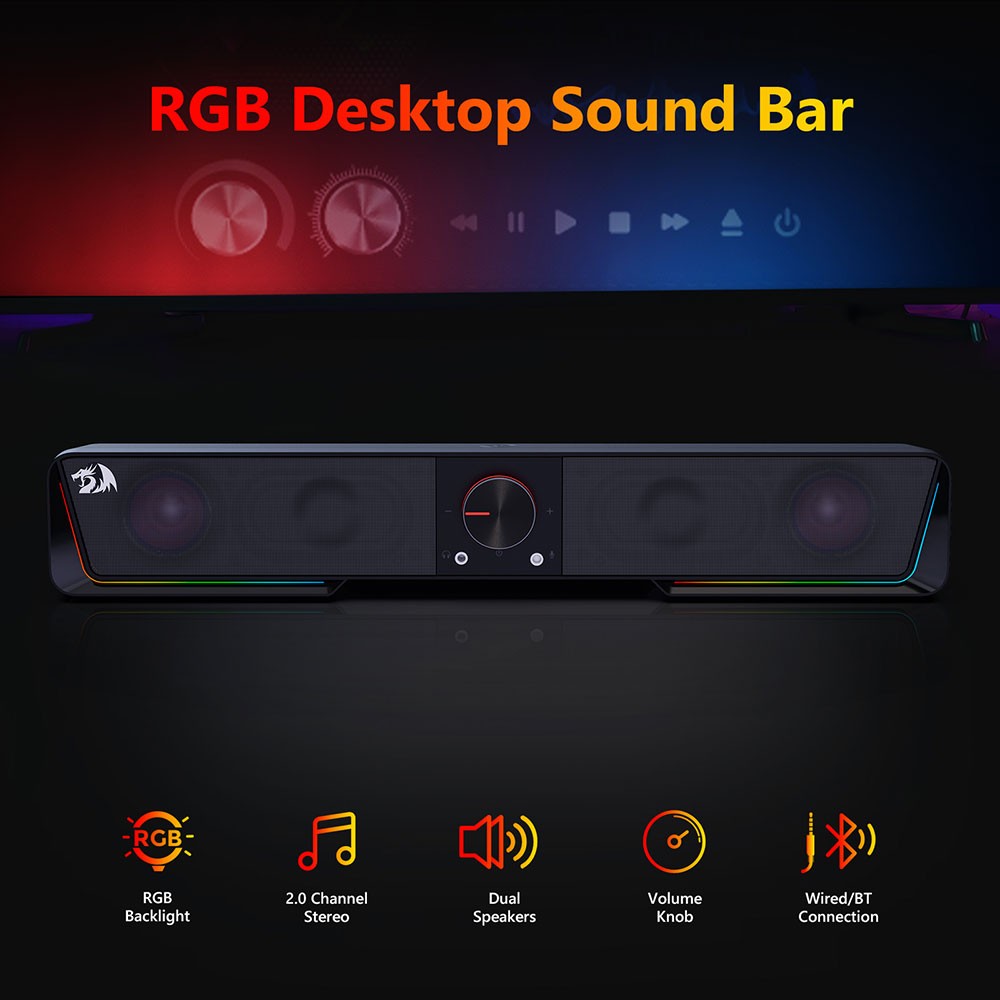 Refurbished Redragon GS570 Darknets RGB Bluetooth Sound Bar 2.0 Channel with Dual Speakers and Dynamic Lighting - Black