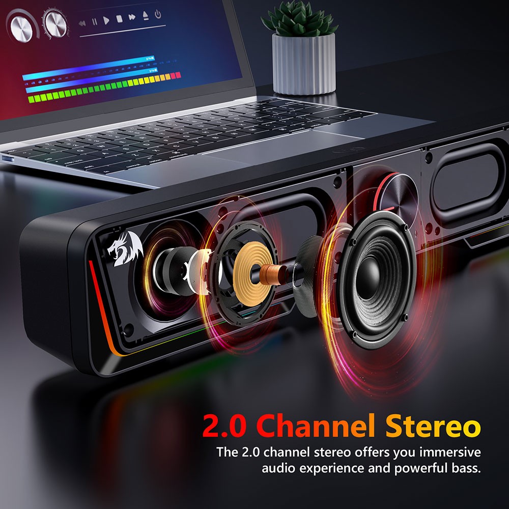 Refurbished Redragon GS570 Darknets RGB Bluetooth Sound Bar 2.0 Channel with Dual Speakers and Dynamic Lighting - Black