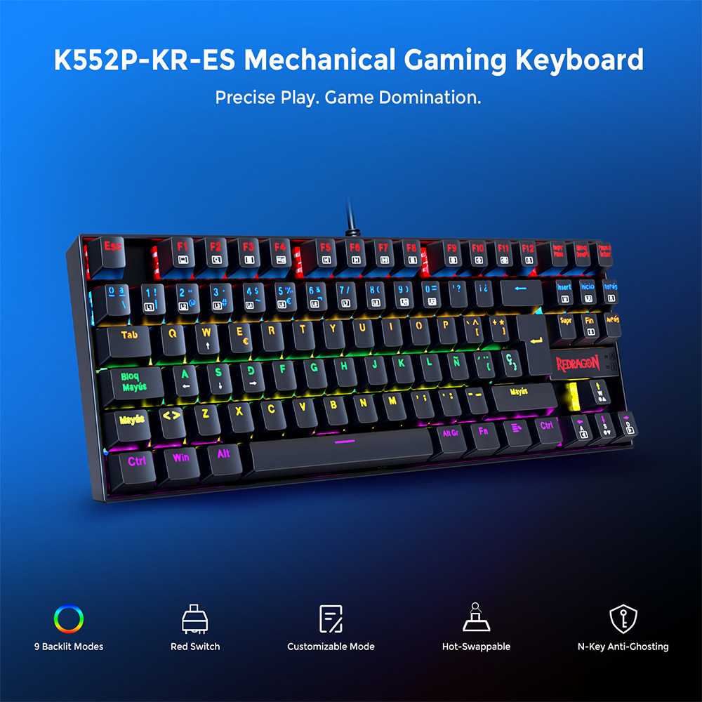 Redragon K552-KR-ES Mechanical Keyboard, Spanish Layout, 88 Keys, Red Switches, Rainbow Backlight - Black