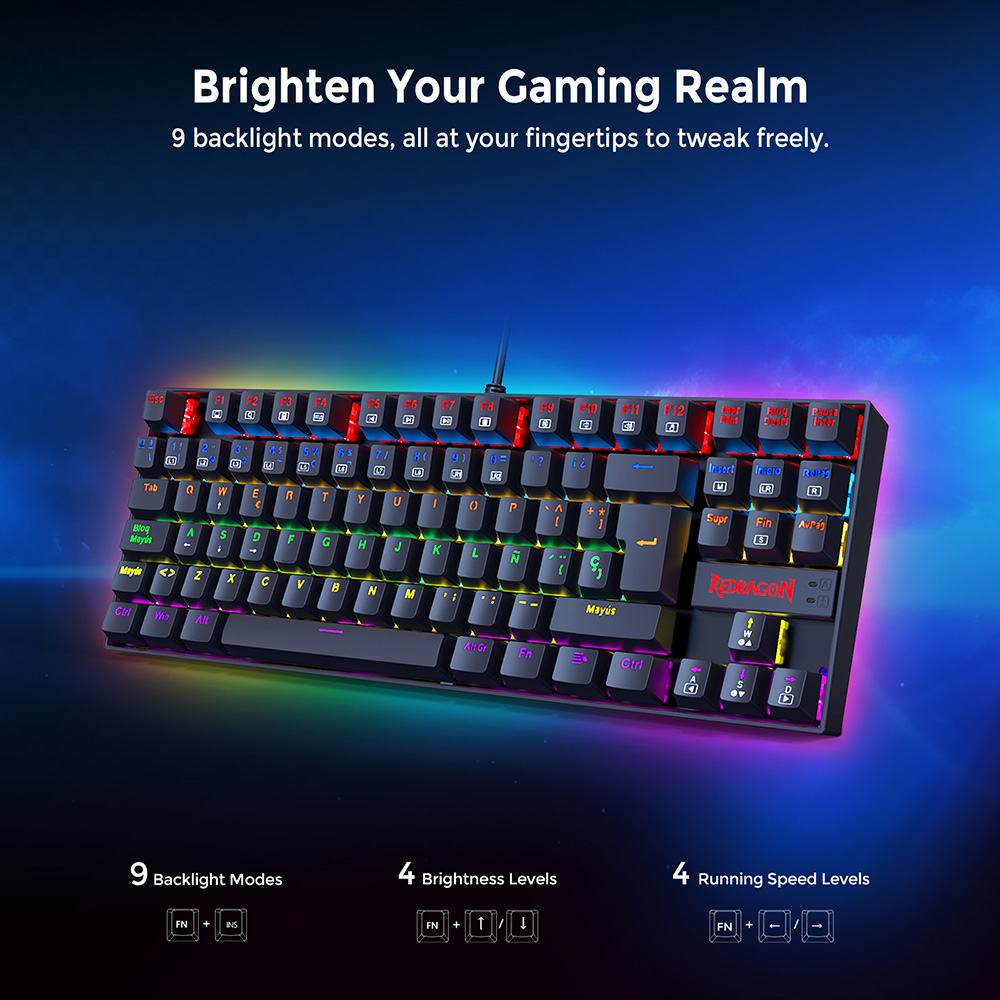 Redragon K552-KR-ES Mechanical Keyboard, Spanish Layout, 88 Keys, Red Switches, Rainbow Backlight - Black