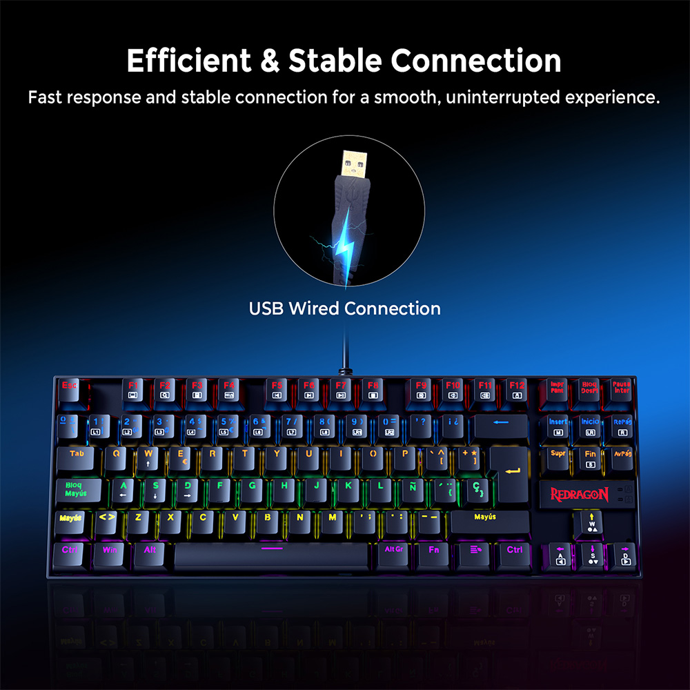 Redragon K552-KR-ES Mechanical Keyboard, Spanish Layout, 88 Keys, Red Switches, Rainbow Backlight - Black