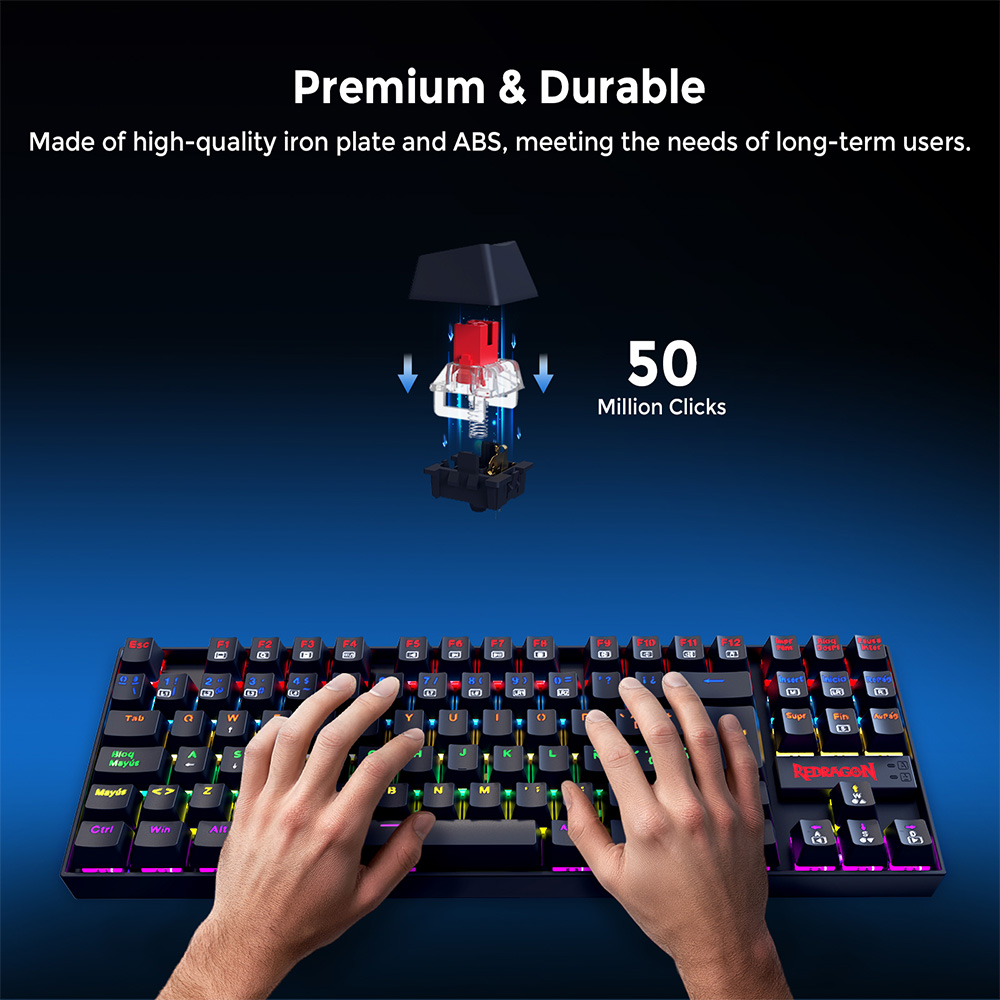 Redragon K552-KR-ES Mechanical Keyboard, Spanish Layout, 88 Keys, Red Switches, Rainbow Backlight - Black