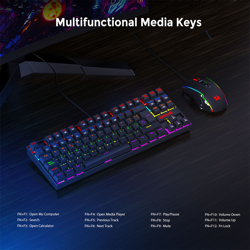 Redragon K552-KR-ES Mechanical Keyboard, Spanish Layout, 88 Keys, Red Switches, Rainbow Backlight - Black