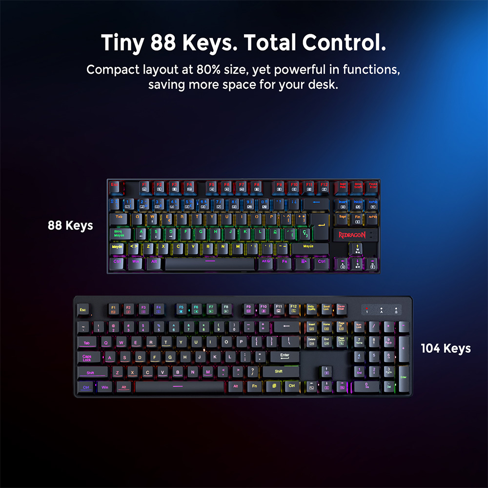 Redragon K552-KR-ES Mechanical Keyboard, Spanish Layout, 88 Keys, Red Switches, Rainbow Backlight - Black