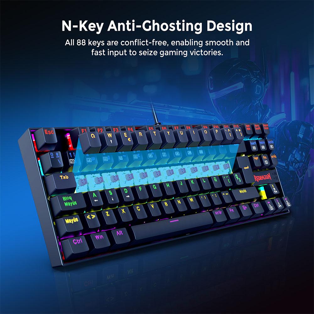 Redragon K552-KR-ES Mechanical Keyboard, Spanish Layout, 88 Keys, Red Switches, Rainbow Backlight - Black